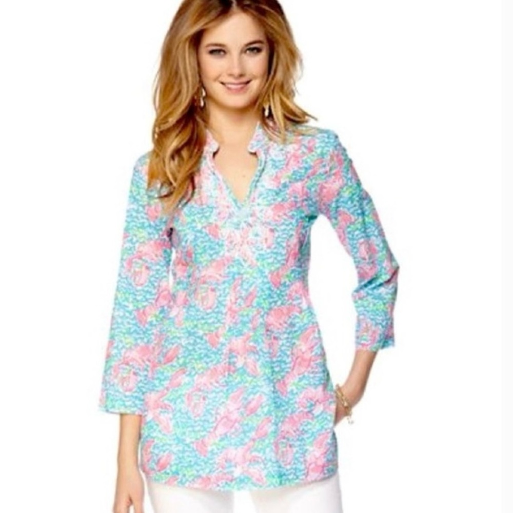 Lilly Pulitzer Sarasota Beaded Tunic Lobster Roll Pink Blue Resort Preppy Small